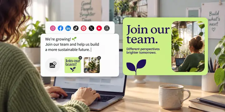 Tool zur Veröffentlichung in sozialen Medien mit einem Beitragseditor, Plattform-Symbolen und einer grünen Stellenanzeige mit dem Text „Werde Teil unseres Teams“.